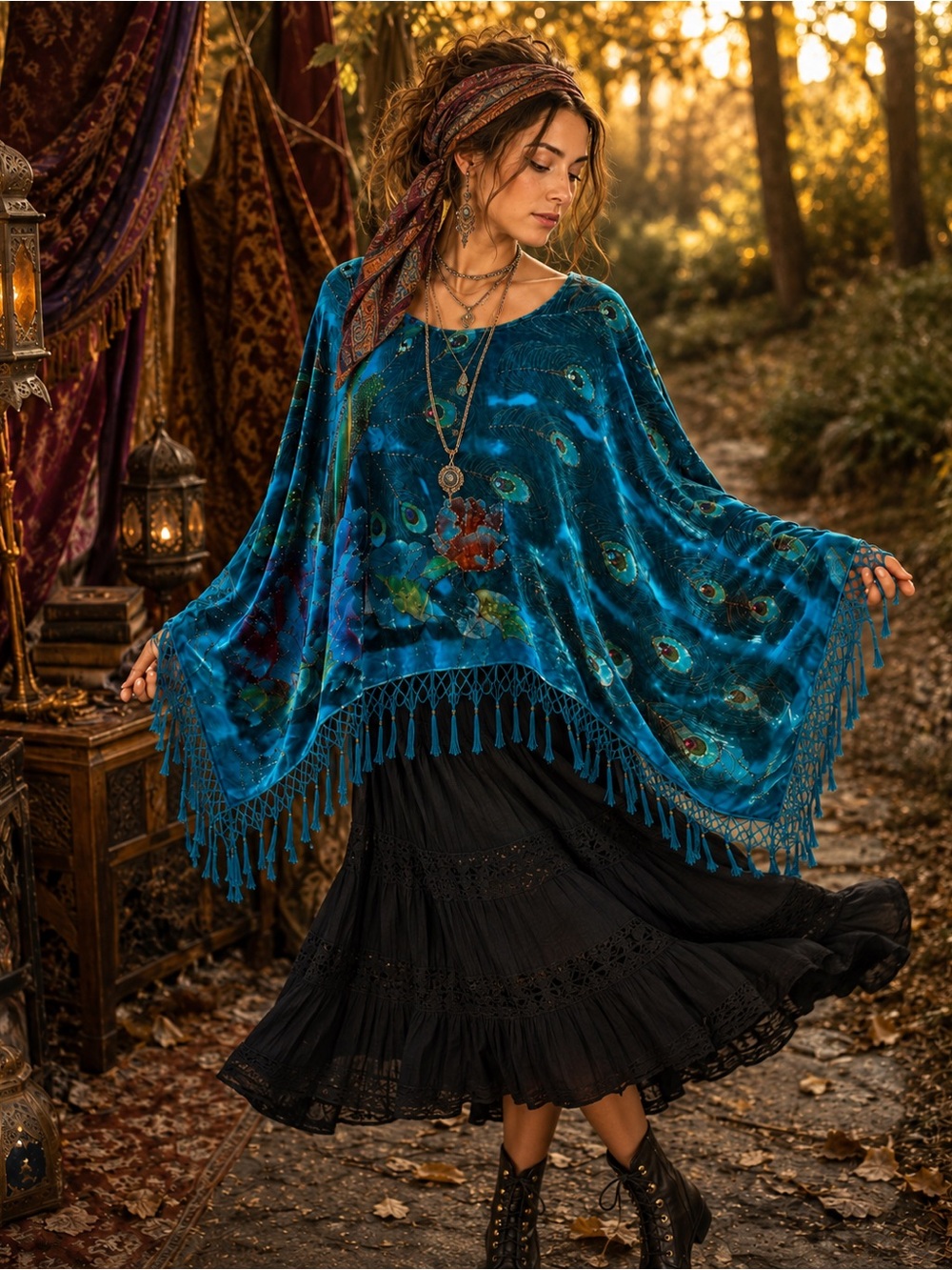 Silk Velvet Peacock Beaded Fringe Poncho Boho Fortune Teller Fantasy Artwear